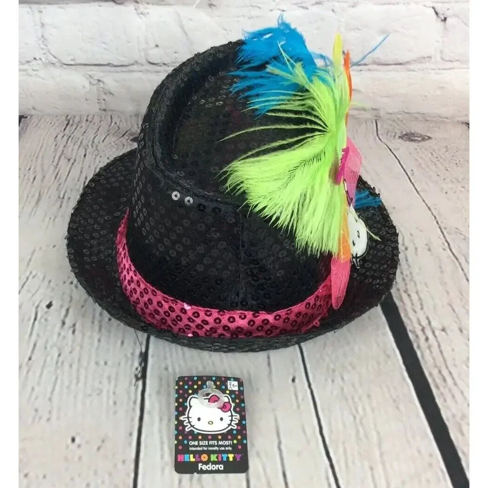 Hello Kitty Childs Black Sequined Fedora & Rainbow Sparkle Wings Cosplay Costume